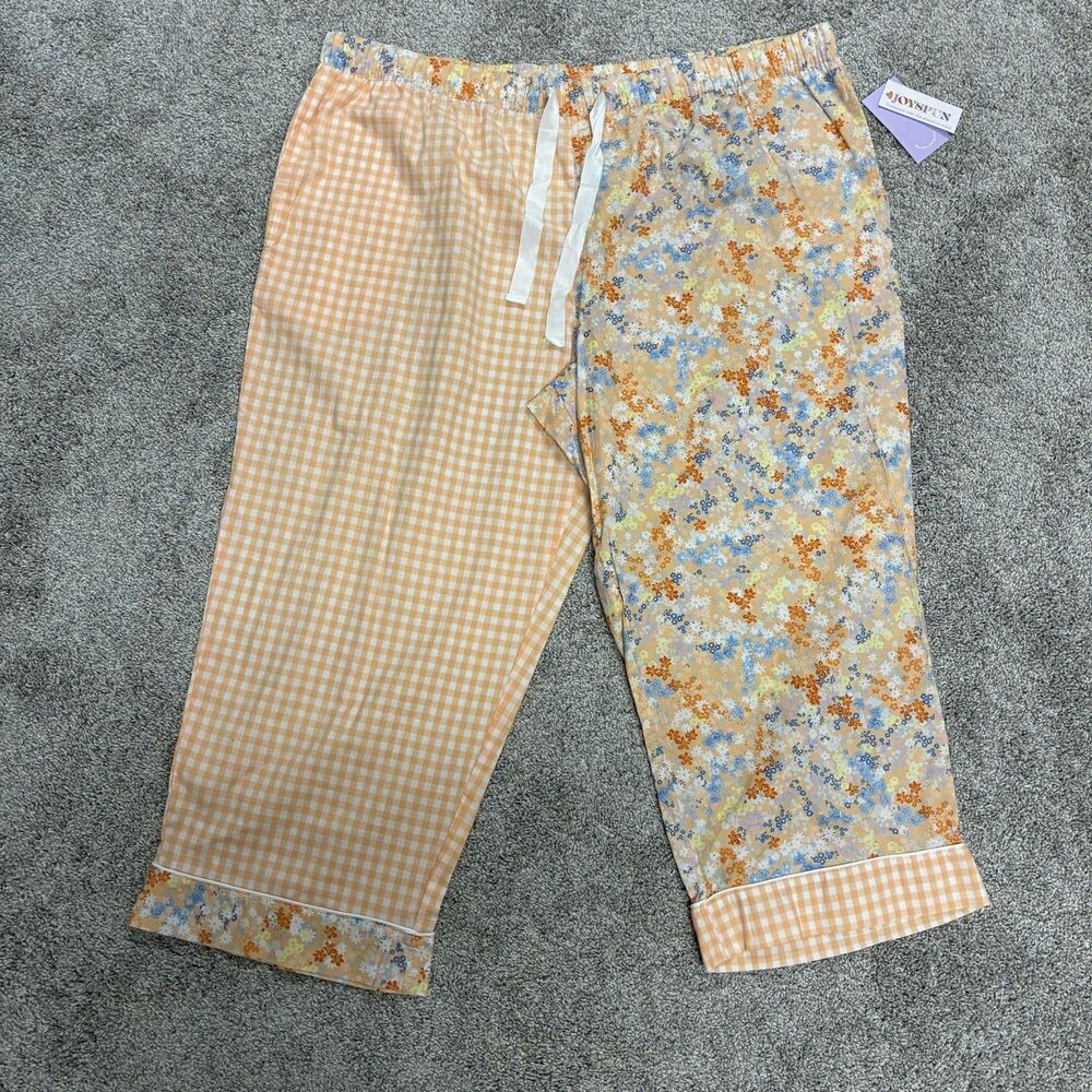 NWT Joyspun Capri Pajama Pants Size 2X Orange Floral Gingham Cotton Cottagecore